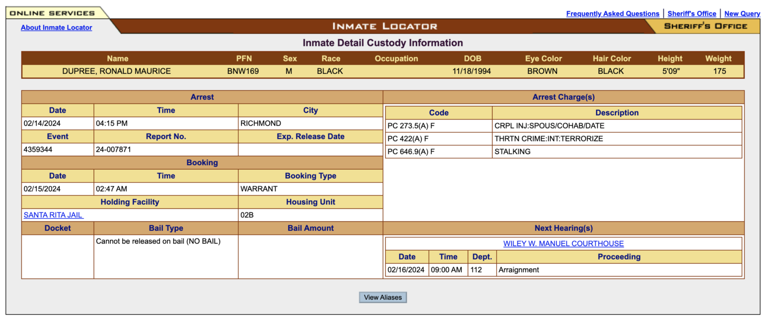 The screenshot is from an inmate locator system, detailing custody information for Ronald Maurice Dupree. It includes sections for the inmate's name, personal information such as sex, race, occupation, date of birth, eye and hair color, height, and weight. There are also details on arrest, booking, the holding facility, and bail information, with specific codes and descriptions for the charges against the individual. The document lists events with dates and times, including an arrest, a report number, booking details, the housing unit within a facility, bail status, and the next hearing date and location. The charges include corporal injury to a spouse/cohabitant/date, threatening a crime with the intent to terrorize, and stalking. The inmate is listed as not eligible for bail, and the next court proceeding is an arraignment at a specified courthouse and department number.